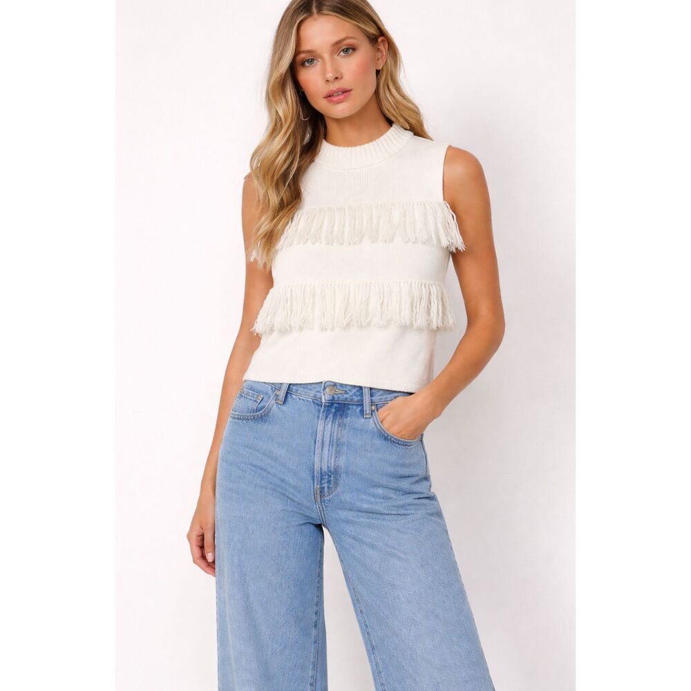 Victoria + Wood Fringed Winter White Sweater Top